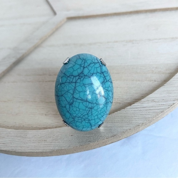 Large Oval Faux Turquoise Statement Ring Blue And Silver Tone Ring Western Style - Picture 1 of 15